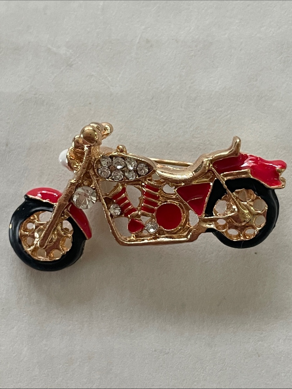 Gold-tone Red & Black Motorcycle Brooch Pin 1.25”